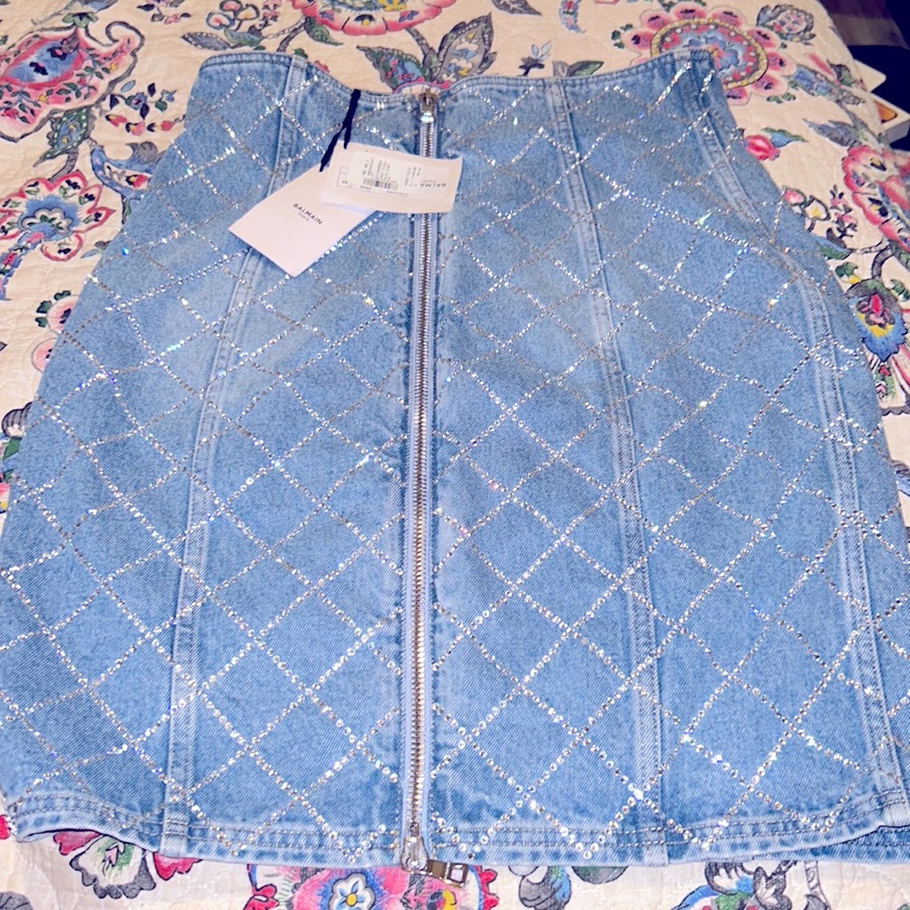 BALMAIN Jean and Rhinestone Skirt